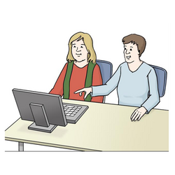 Grafik: Zwei Frauen sitzen an einem Tisch. Auf dem Tisch steht ein Computerbildschirm. Die Frau rechts zeigt auf den Computerbildschirm.